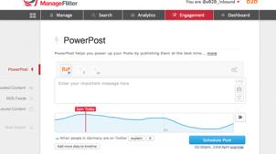 POWERPOST ManageFlitter also lets you schedule tweets. It gives you a graphic to show you the time when most of your followers are up and active.