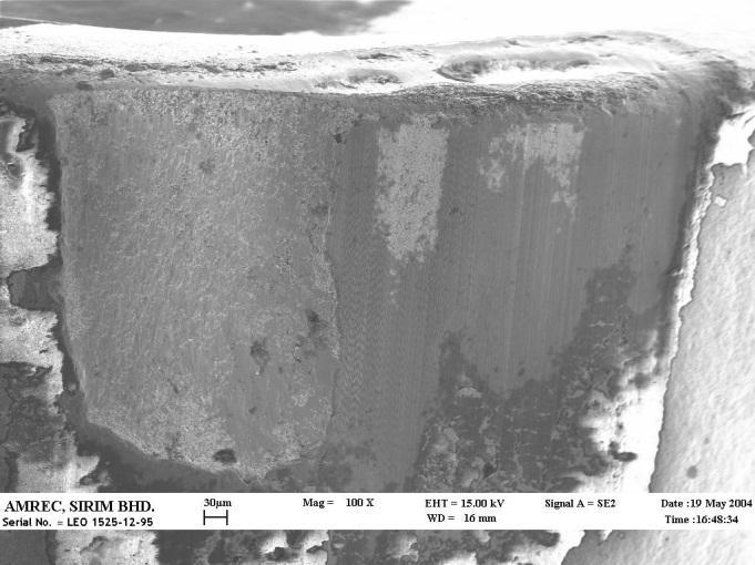 60 Totals 100 100 415 Figure 4 SEM image of cutting insert after disposal of coating layer Figure 5a shows the worn surface of insert flank, where the left side is the tungsten carbide substrate