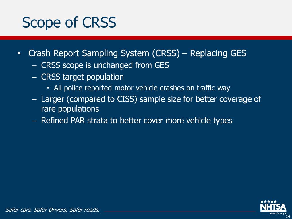 The Crash Report Sampling System (CRSS) will replace GES as the record based survey. CRSS scope is unchanged from GES.