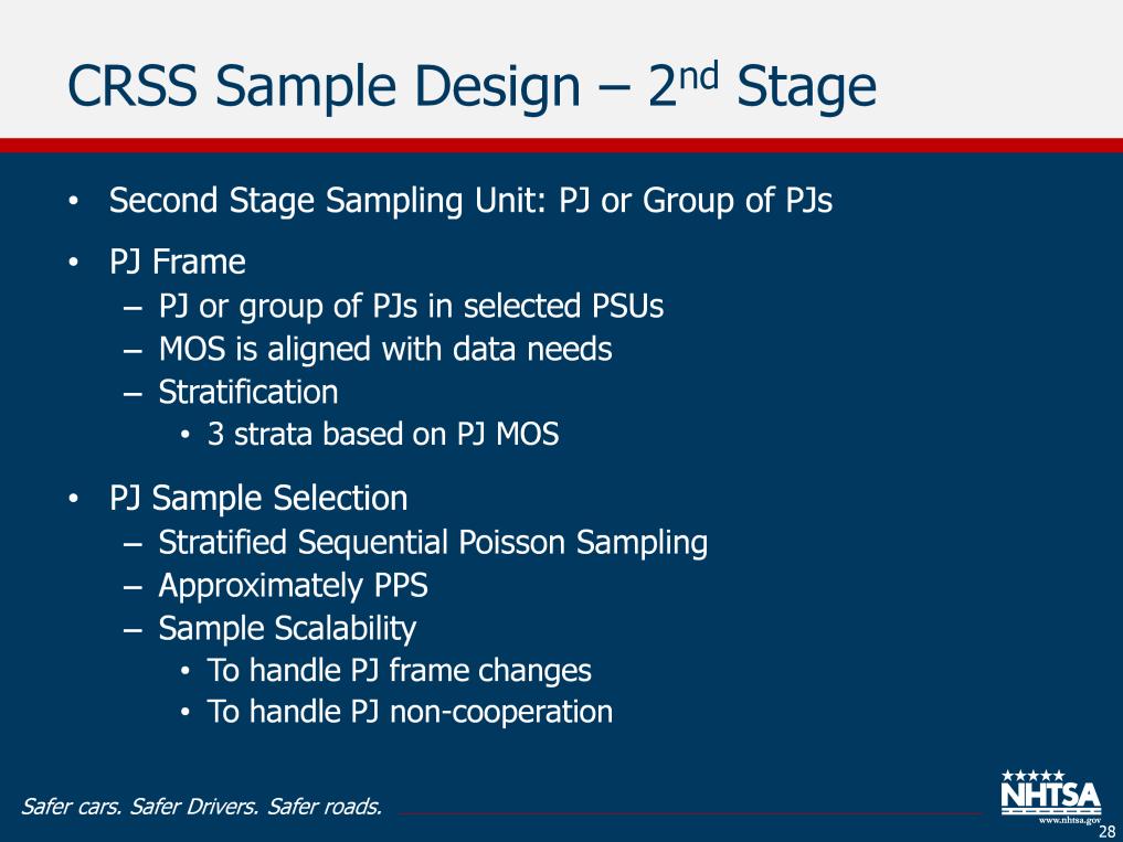 CRSS Sample Design Second Stage: The second stage sampling unit is a police jurisdiction or group of police jurisdictions. PJ frame was constructed in the selected PSUs.