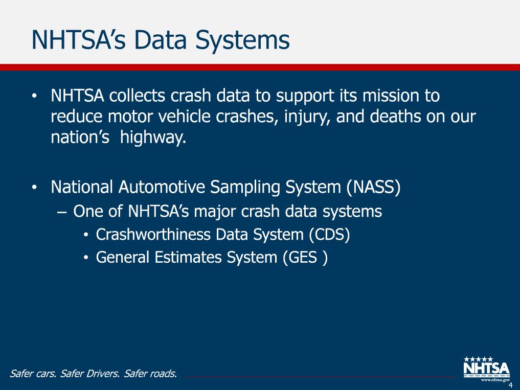 NHTSA executes its mission of reducing motor vehicle crashes, injuries and deaths on our highways through a data-driven approach.