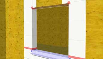Install sheathing membrane at the head of the rough opening, extending a minimum of 12" up the face of the wall. Seal the leading edges with sheathing tape.