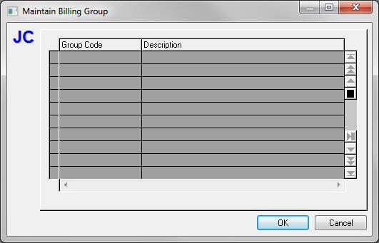 Maintain Billing Groups When Billing Groups... is selected from the Maintain Menu the Maintain Billing Group dialog displays.