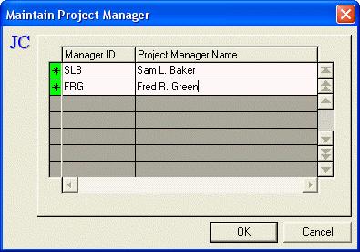 Maintain Project Manager When Project Manager... is selected from the Job Costing Maintain menu the Maintain Project Manager dialog box displays. Each job created can be assigned a Project Manager.