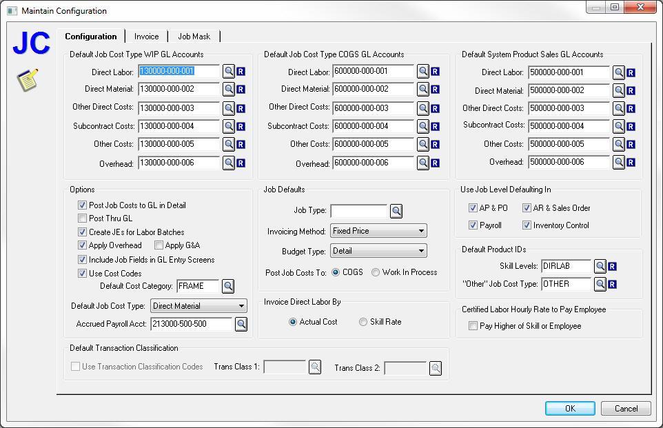 Maintain Configuration - Configuration tab When Configuration... is selected from the Job Costing Maintain menu the Maintain Configuration dialog box displays.