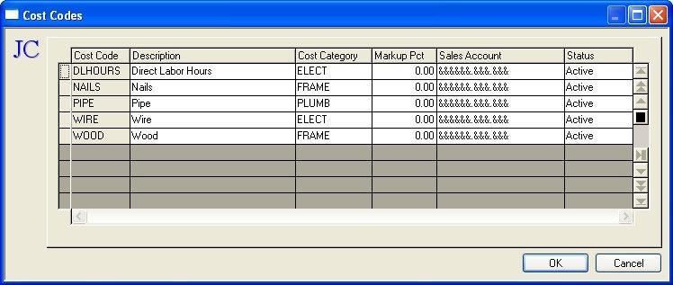 Maintain Cost Codes When Cost Codes... is selected from the Job Costing Maintain menu the Maintain Cost Codes dialog box displays.