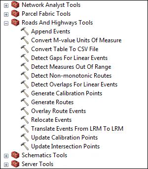Geoprocessing Tools Roads and Highways toolbox Append Events Convert M-value Unit of Measure Detect Measures Out Of Range Detect Overlaps For Linear Events Detect Gaps For