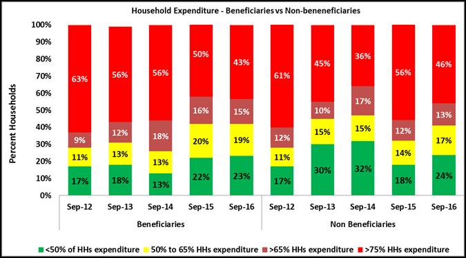 Page 5 Household Expenditure (income proxy) Household expenditure among beneficiaries utilizing over 75 percent of their income to purchase food is the lowest (43%) in September 2016 compared to the