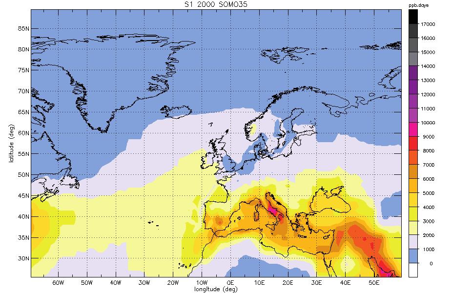 Map 6 Ozone SOMO-35 concentration calculations for the European region 2 and 23 baseline S1 2 SOMO35 ppb.