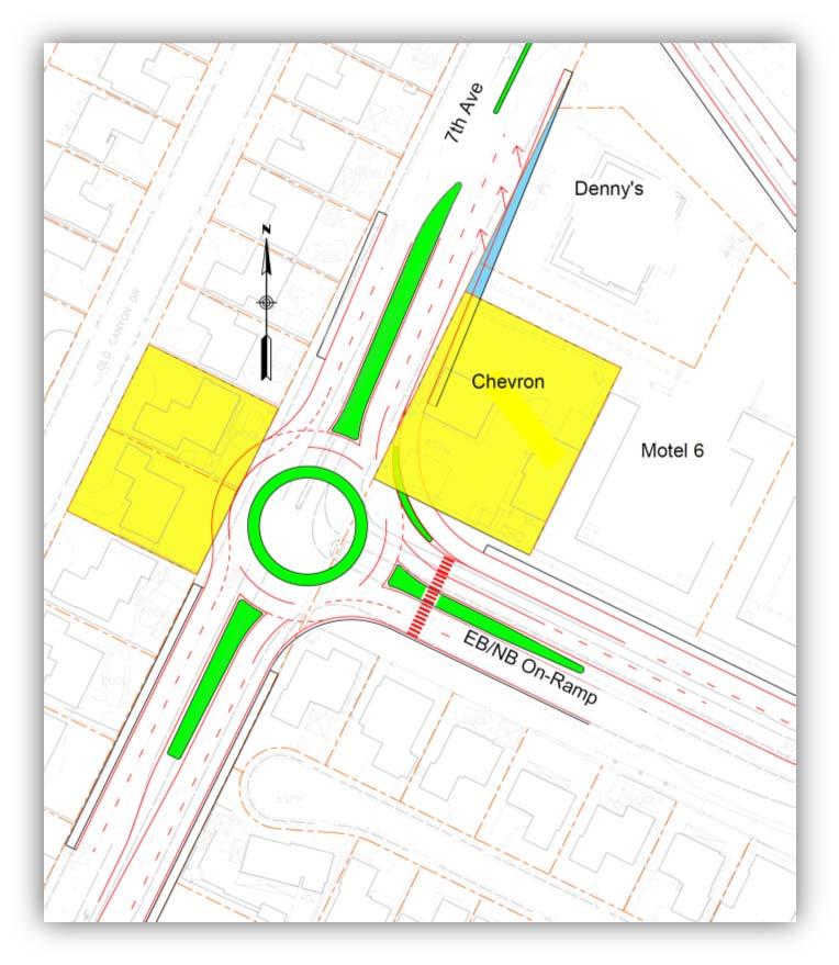 Figure 6-4 is a conceptual design for a roundabout at the EB on- and off-ramp intersection. This design assumes that the existing EB to SB off-ramp would be eliminated.