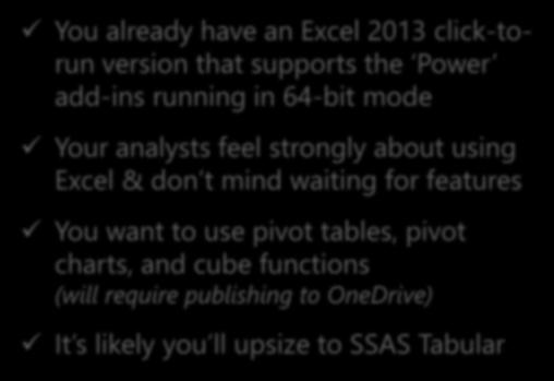 strongly about using Excel & don t mind waiting for features You want to use pivot tables, pivot charts, and cube functions