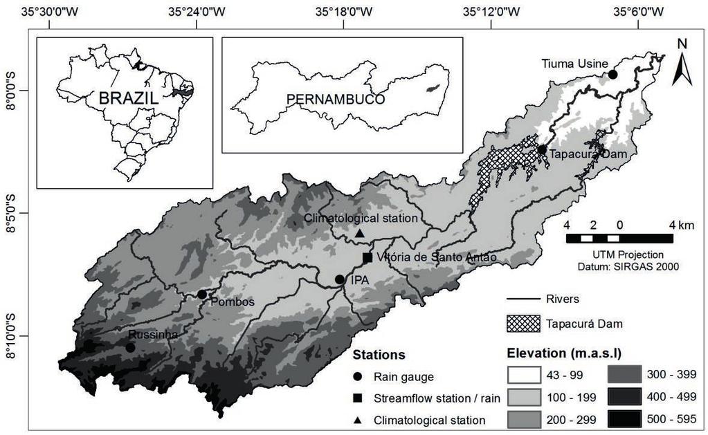 Assessment of land-use change on streamflow using GIS, remote sensing and SWAT 39 Fig. 1 Location of Tapacurá catchment in Brazil and the rainfall, streamflow and climatological gauges.