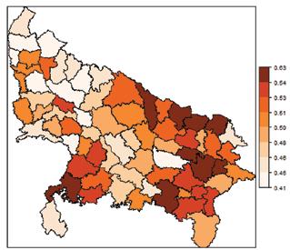 ICAR-IASRI Annual Report 2016-17 Figure. District and district by social group category wise incidence of indebtedness in agricultural households for the state of Uttar Pradesh, 2012-13.