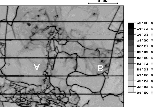 Fig. 5 LBIC map from a multicrystalline solar cell made from ingot silicon. The dark curved lines correspond to electrically active grain boundaries. The streaks are caused by dislocation clusters.