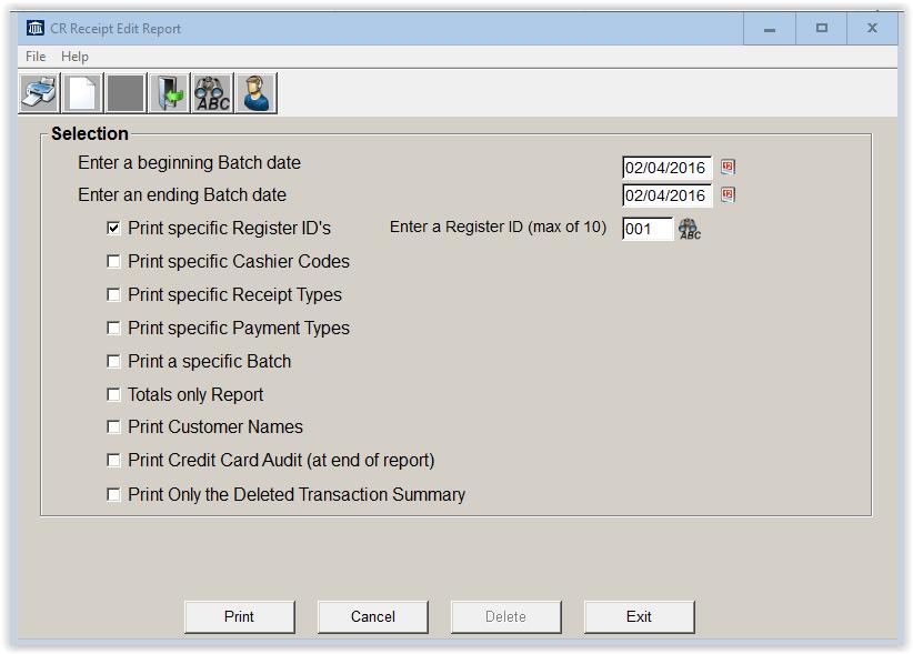 4.00 CASH RECEIPTS EDIT REPORT WHAT IS AN EDIT REPORT? This option creates a printed report that may be used to balance the cash register or to track specific data.