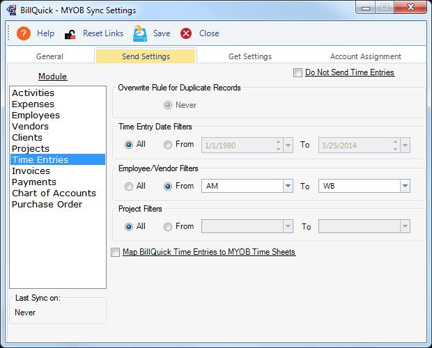 How Integration Works Send Settings Send settings allow you to set rules for data transfer from BillQuick to MYOB database.