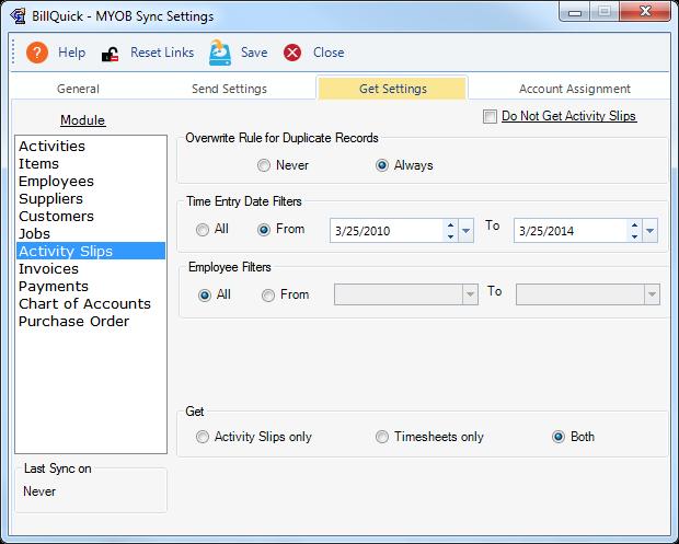 How Integration Works The Get options change depending upon the module selected from the list on the left of the screen. BillQuick provides some options for getting MYOB data to BillQuick.