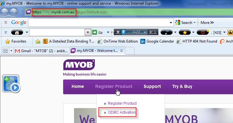 Initial Integration 1. Go to: My.myob.com.au. 2. Under Register Product, click ODBC Activation. 3.