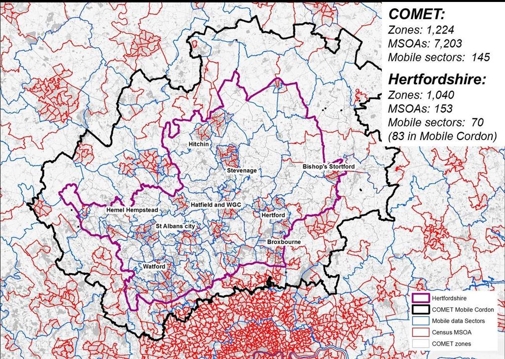 Figure 3 Hertfordshire and COMET Zoning System Various traffic data sources were considered for COMET development, including TRADS data, DfT Open Data, traffic data made available by Hertfordshire