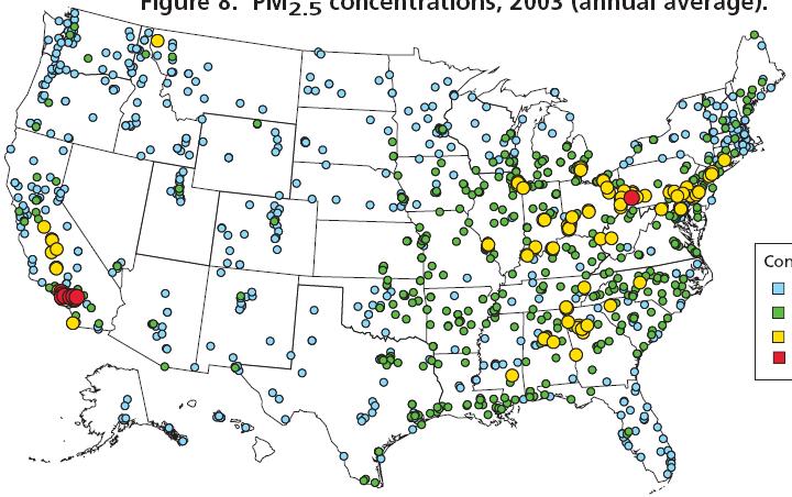 The U.S. smog problem is spatially widespread, affecting >100 million people [U.S. EPA, 2004] OZONE AEROSOLS (particulate matter) Nonattainment Areas (2001-2003 data) Annual Average PM 2.