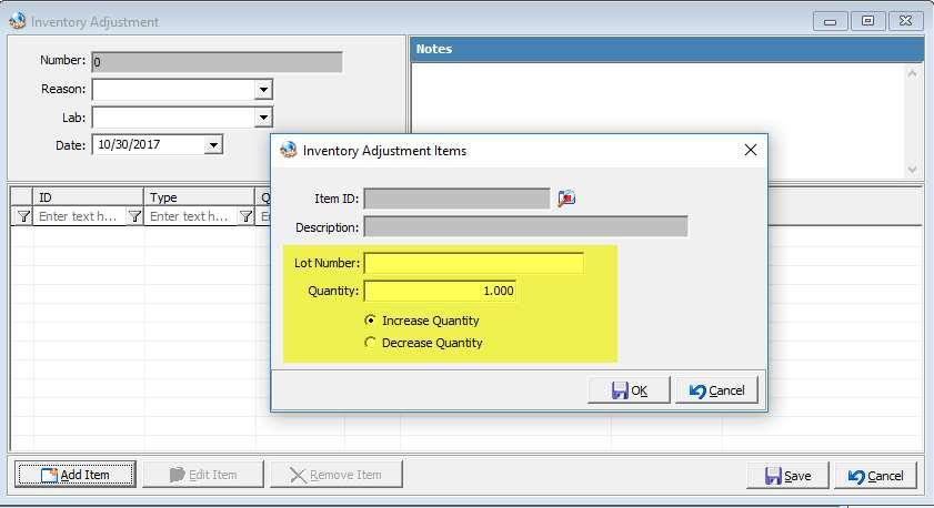 Within the add adjustments form, you will select to add an item and it is important to enter a