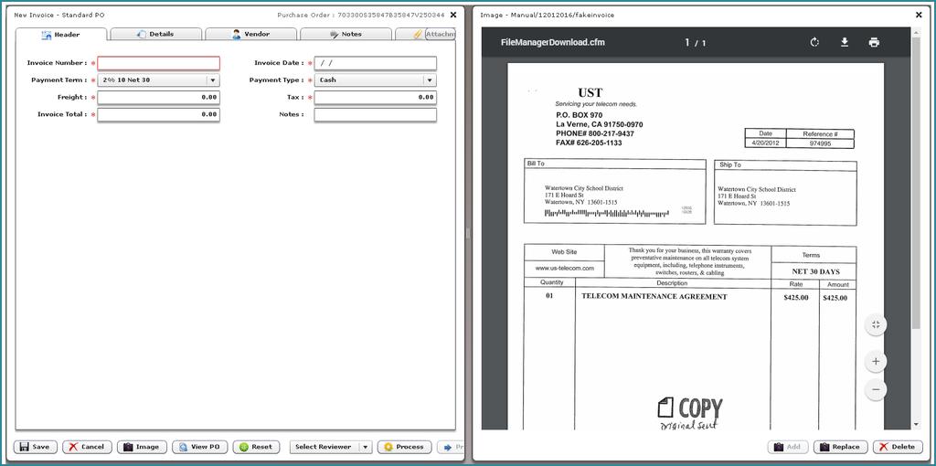 Figure 4: Invoice Image To attach an invoice image to an invoice: 1. From the Invoice Entry page, click. 2. Click. 3. Select the desired PDF from your files and click Open.