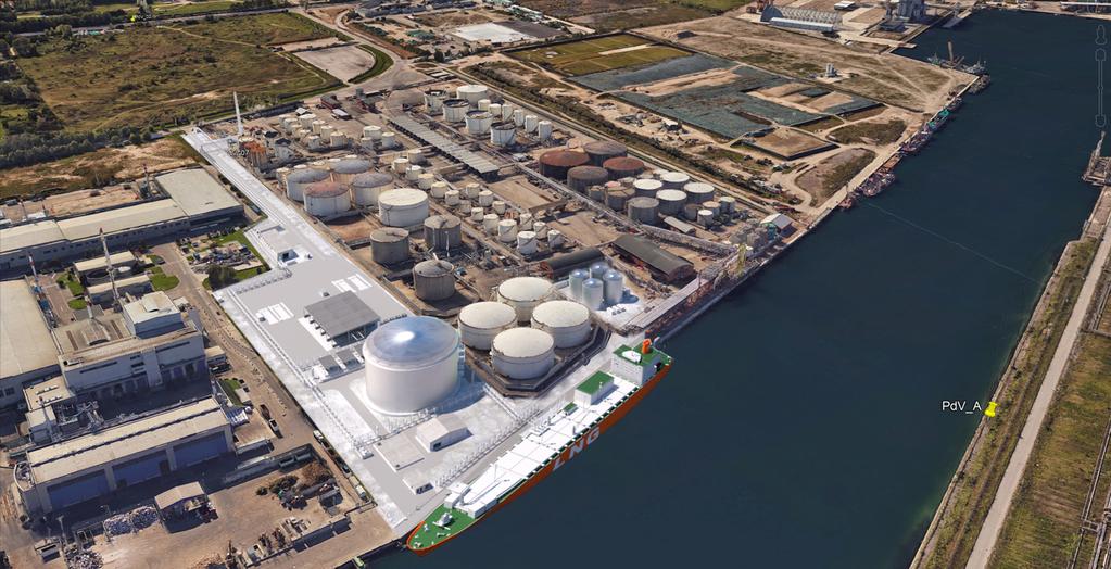 Render of the LNG storage facility, next to the existing Decal site (on the right) ENVIRONMENTAL ASPECTS Recovery of a disused area No increase in road traffic A ship per week Average height