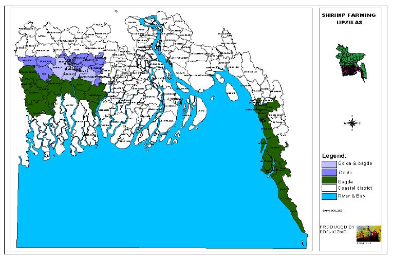Fig. Map of coastal zone showing main shrimp farming upazila Rapid expansion of shrimp culture caused rising concern due to its adverse effect