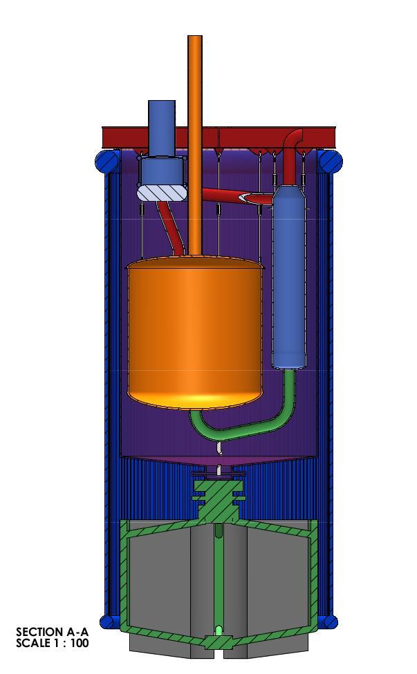 Figure 3.1.1.1-1: Membrane Wall Cooling System- Blue portion of the drawing. The wall serves as a cooling mechanism for the ThorCon Reactor Vessel and Fuelsalt drain tank.