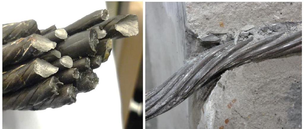 Figure 2: Cone and cup tensile failure of wires (left), and grout de-bonding and concrete block deformation during a double shear test (middle from Aziz et al, 2014), and bending and tensile failure