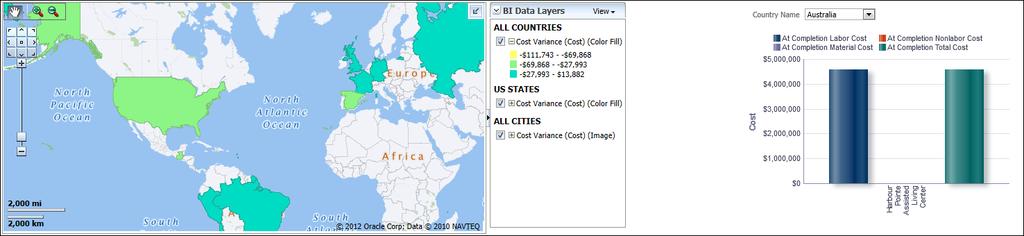 Sample Dashboards Completion Cost by Section This map shows Cost Variance Index by country code when zoomed out to country level.