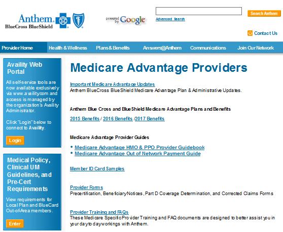 Public Provider Websites Medicare Advantage Provider Website www.anthem.