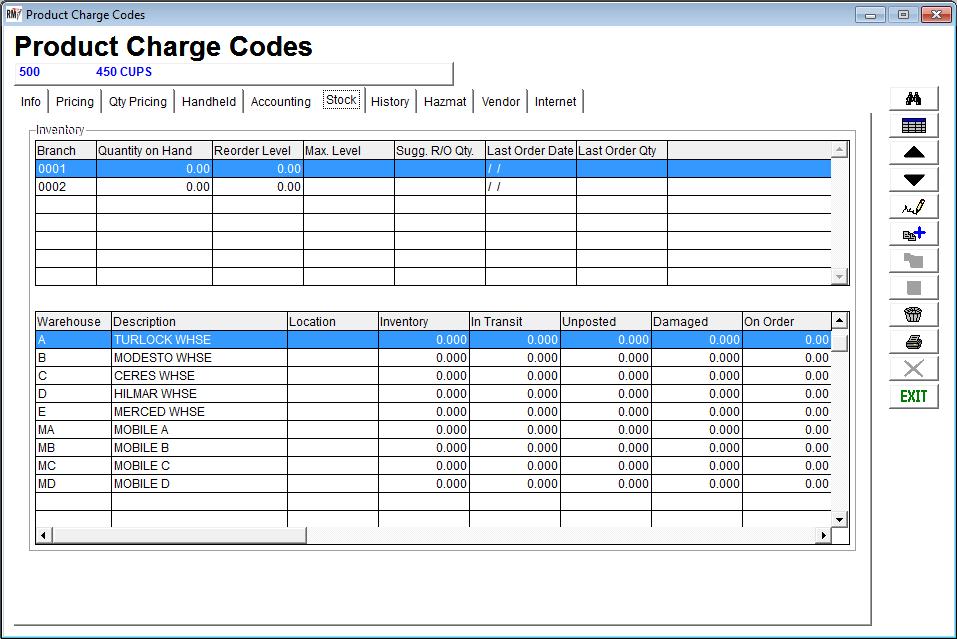 Product Charge Codes The Inventory totals for each product are displayed on the Stock tab of the Product Charge Codes screen.