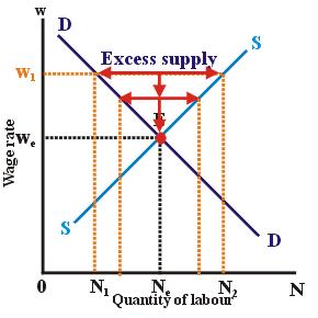 The market demand curve for labour has a negative slope indicating that as the wage rate decreases, the quantity of labour demanded increases as firms are willing to employ more workers.
