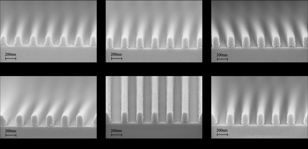 Figure 5 shows the SEM cross-sections of the profiles processed at a BARC bake of 160 C and exposed 22mJ/cm2. Across the focus the profiles are slightly tapered, but the spaces are clean. Figure 5.
