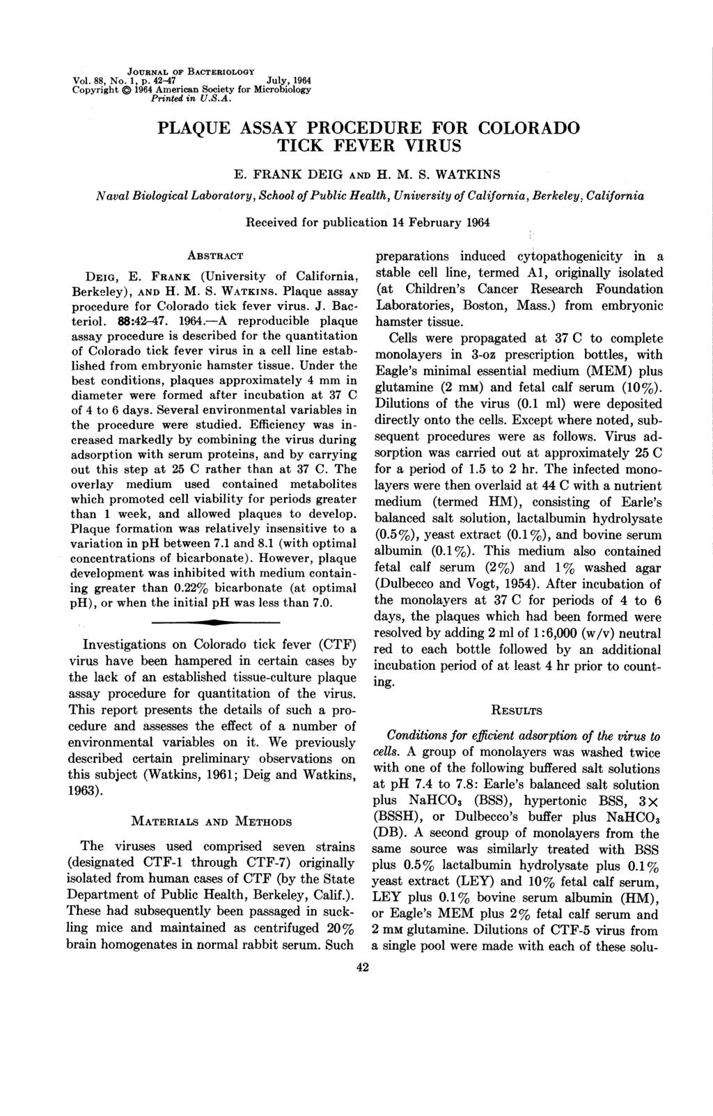 JOURNAL OF BATERIOLOGY Vol. 88, No. 1, p. 42-47 July, 1964 opyright a 1964 American So