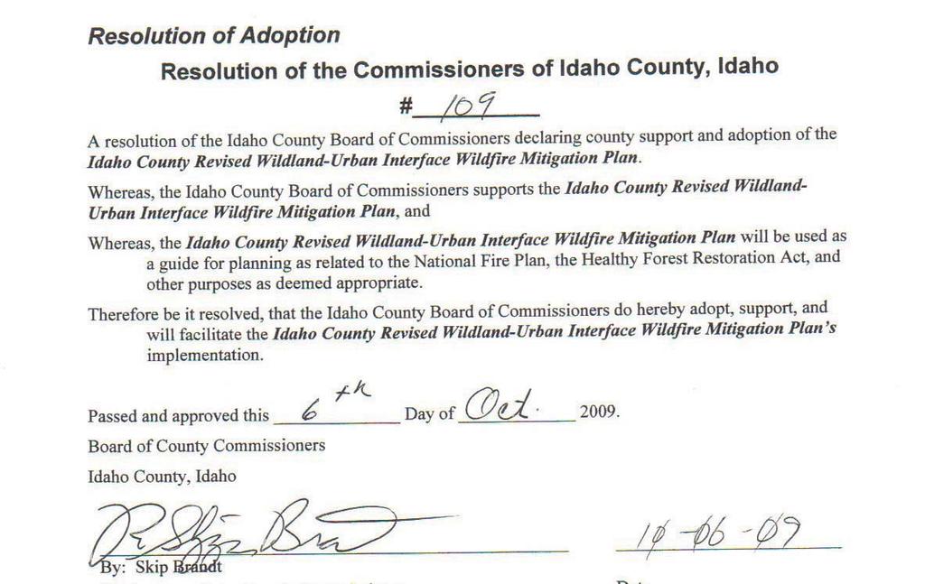 Resolution of Adoption and Signature Pages 2009 Idaho County, Idaho