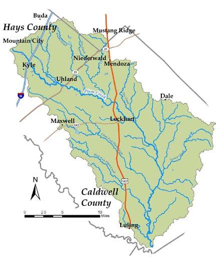 The Watershed Most of Caldwell County and parts of Hays and Travis Counties are in the Watershed, a roughly 400 square mile area that drains to, which in turn flows to the San Marcos River.