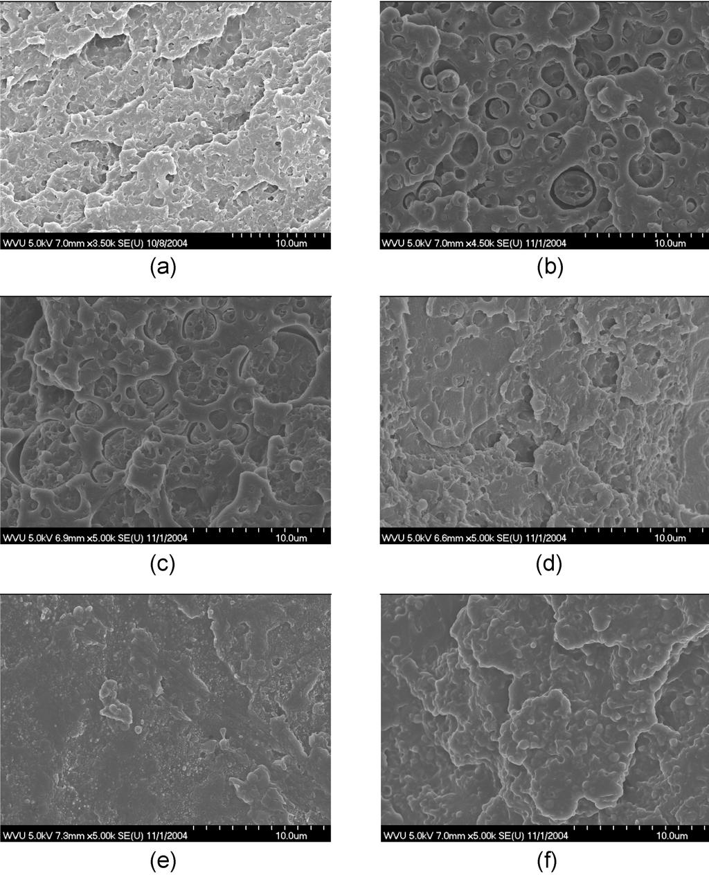 M.M.K. Khan, R.F. Liang, R.K. Gupta and S. Agarwal Fig. 2. Scanning electron micrographs of fracture surfaces of PC/ABS blends: (a) ABS (b) 15% ABS (c) 30% ABS (d) 50% ABS (e) 70% ABS and (f) 85% ABS.