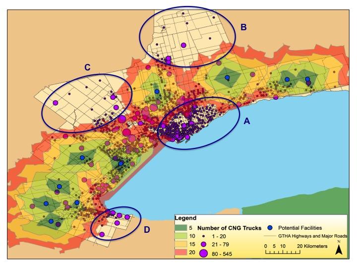 Figure 4: Service Areas of Potential Sites in Low Population Areas Location-Allocation Results suggest ten facilities should be established.