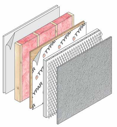 Cladding Interior to exterior 1. 1 Gypsum wallboard 2.  5 Sheathing membrane (eg Typar ) 6.