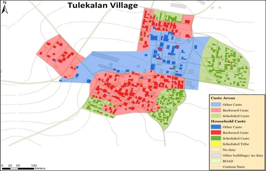 Figure 7: Location of households based on caste in the Tulekalan village The households in this village are spread over clear and distinct localities within their social groups (Figure 7).