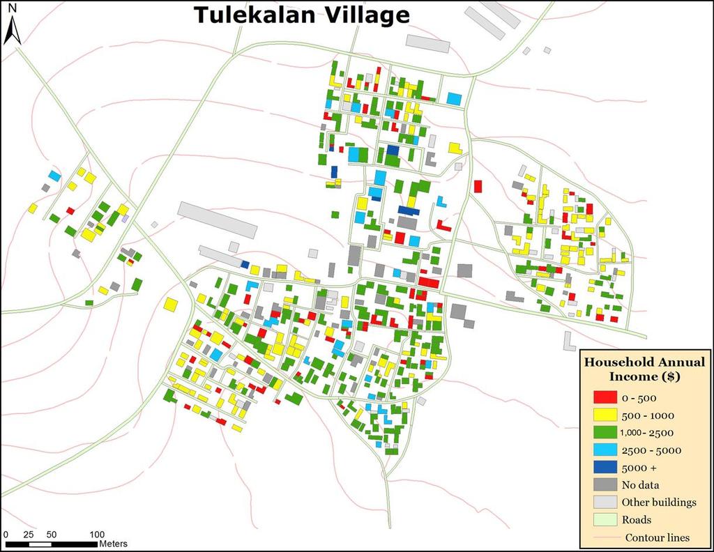 Figure 8: Location of households based on their annual income in Tulekalan village Figure 9 shows that infrastructure provision in this village is skewed, with WASH assets concentrated in or near