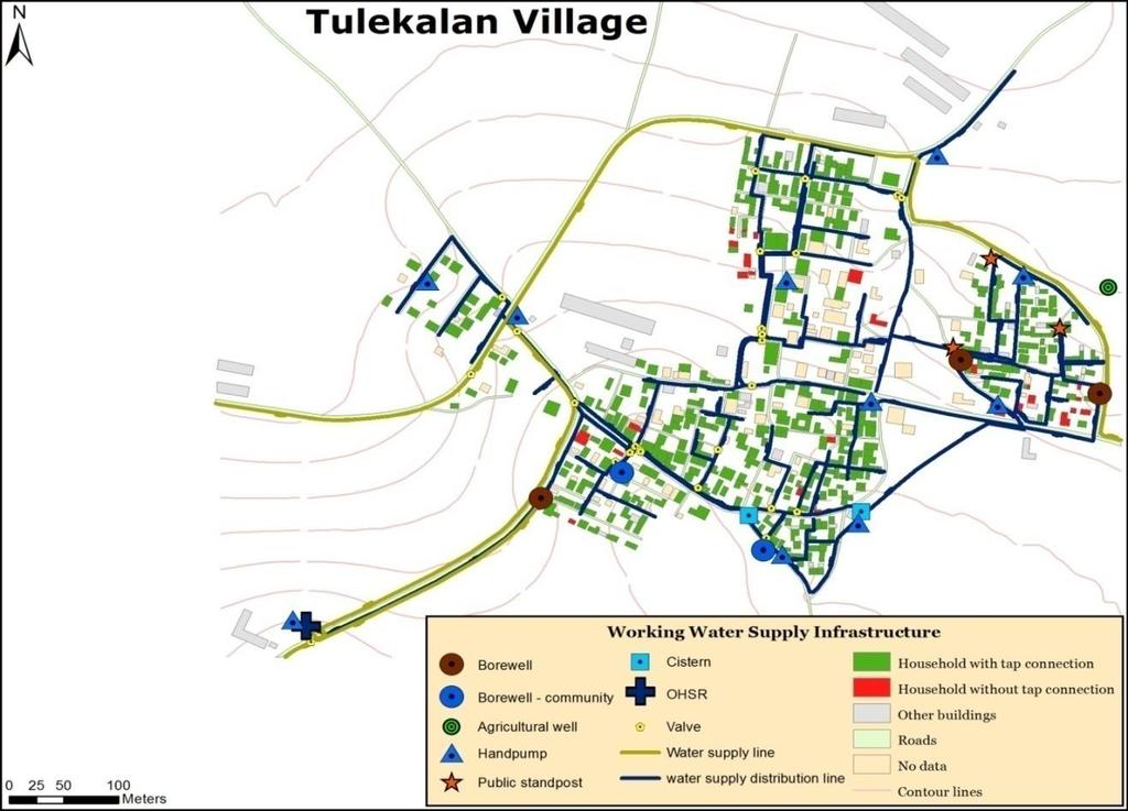 Figure 9: Distribution of water infrastructure in Tulekalan Village Scheduled Castes and Tribes and lower income households receive a lesser quantity of water as they are located at the tail end of