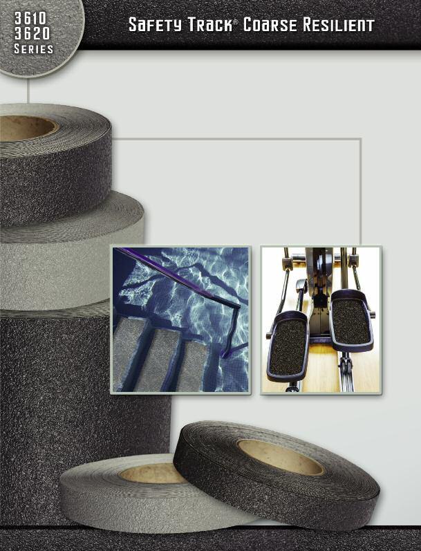 Safety Track Coarse Resilient anti-slip tape is made of non-grit, heavily embossed, rubber coated PVC.