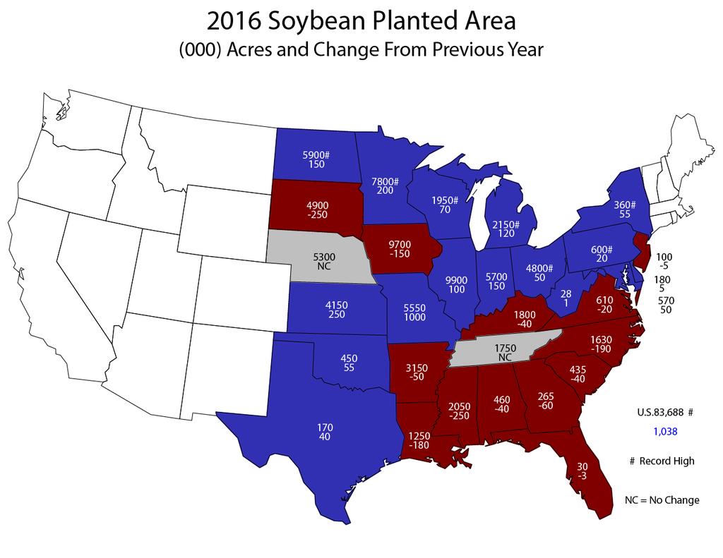 Updated Supply/Demand/Price Prospects for Corn and Soybeans July 1, 216 Figure 21. Planted Acreage of Soybeans by State Figure 22.