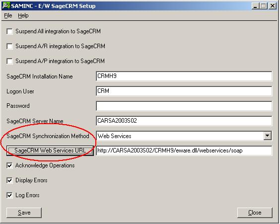 3. In the SageCRM Synchronization Method field, select Web Services.