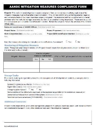 Mitigation Measures Compliance Form AANDC specifies requirements Project References List