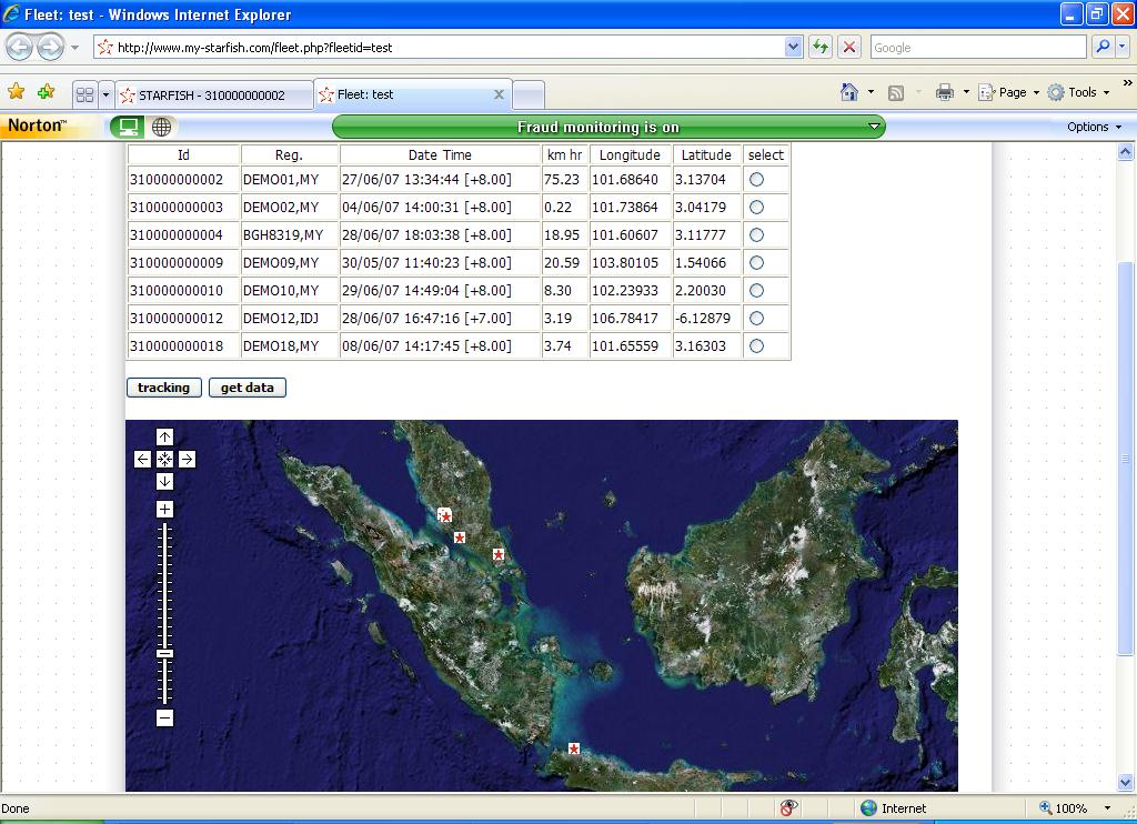 Tracking a fleet with Starfish on the Web The web allows the owner of the fleet to see all its vehicles on a satellite picture.