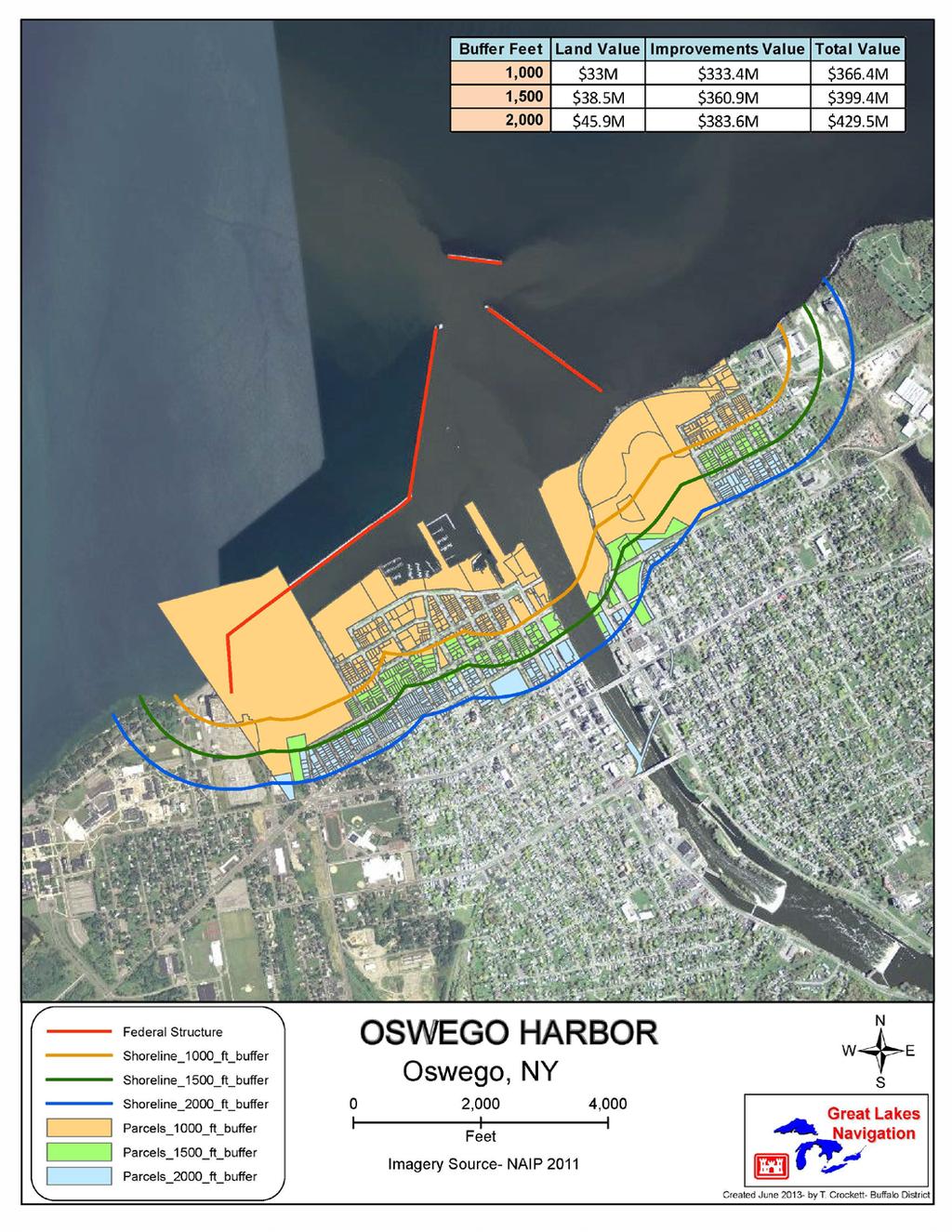 Potential Impact Area: The following graphic displays property parcels that could be impacted within various zones defined by different setbacks from the shoreline behind existing Federal coastal